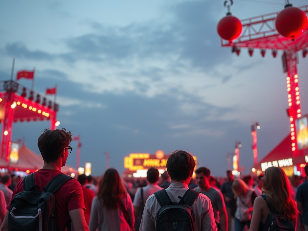 Группа людей на мероприятии в вечернее время, окруженная красными огнями и фоновым светом.