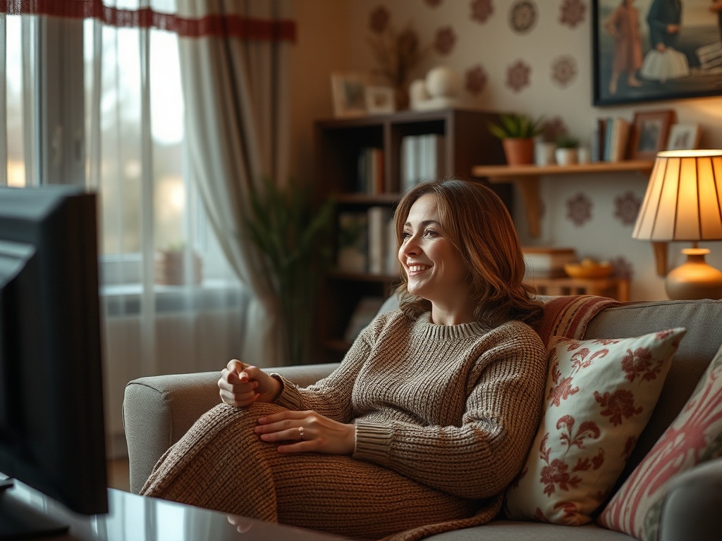 Женщина в уютном свитере смотрит телевизор, улыбаясь в комфортной домашней обстановке.