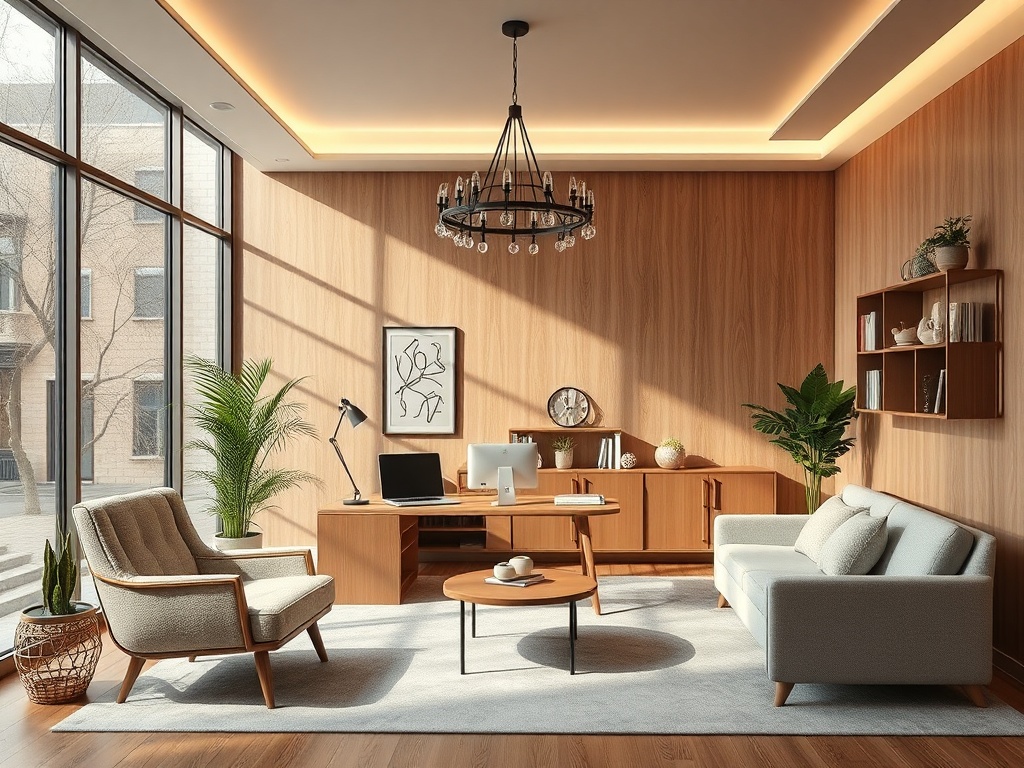 Современный офис с деревянными стенами, уютной мебелью и большими окнами, пропускающими свет.