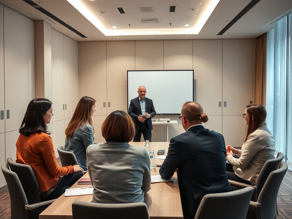 В конференц-зале группа людей слушает презентацию ведущего у доски.