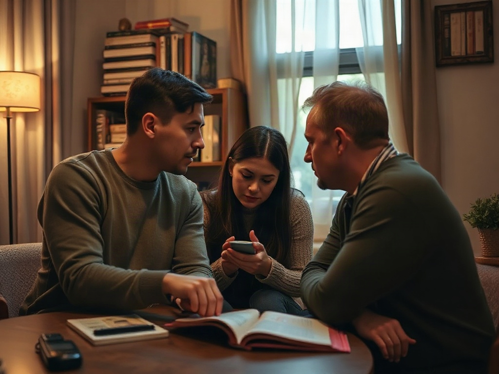 Трое людей слушают девушку, которая смотрит на свой телефон. Они сидят за столом, на котором книги.