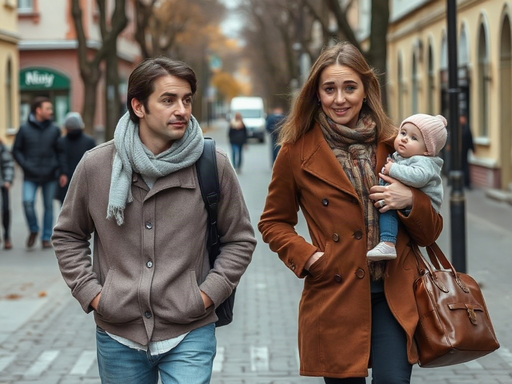Два человека гуляют по улице: мужчина в сером шарфе и женщина с маленьким ребенком в руках. Осень.