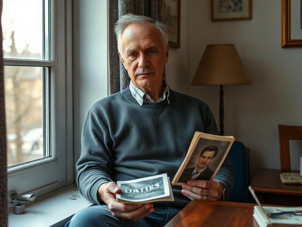 Пожилой мужчина сидит у окна и держит в руках старые фотографии и книгу. Атмосфера ностальгии.