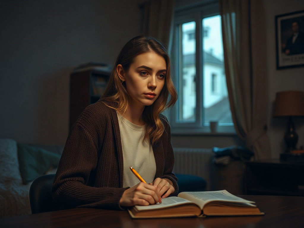 Молодая женщина с ручкой в руках, сосредоточенно читает книгу при тусклом свете в уютной комнате.